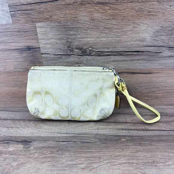 Coach Signature Yellow Canvas Leather Trim Turnlock Wristlet - Coin Wall… - Picture 2 of 5
